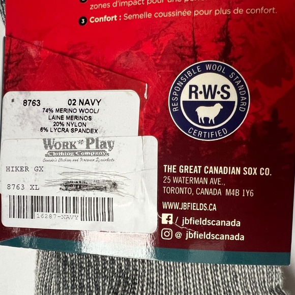 New J.B. Fields Socks Hiking Size XL 13 -15 Gray Merino Wool Hiker GX Canada - Picture 8 of 8